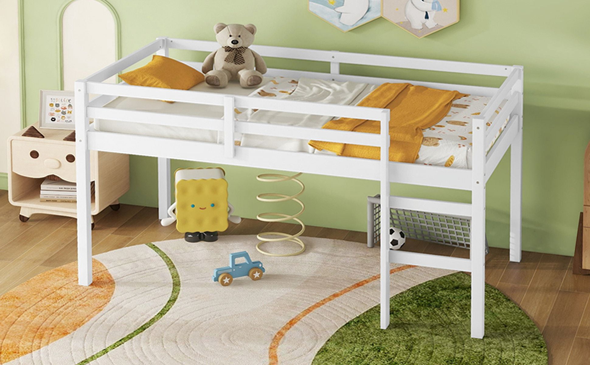 Sailvan Solid Wooden, Rubber Wooden Twin Loft Bed with Ladder, Bed Platform of Strengthened Slats