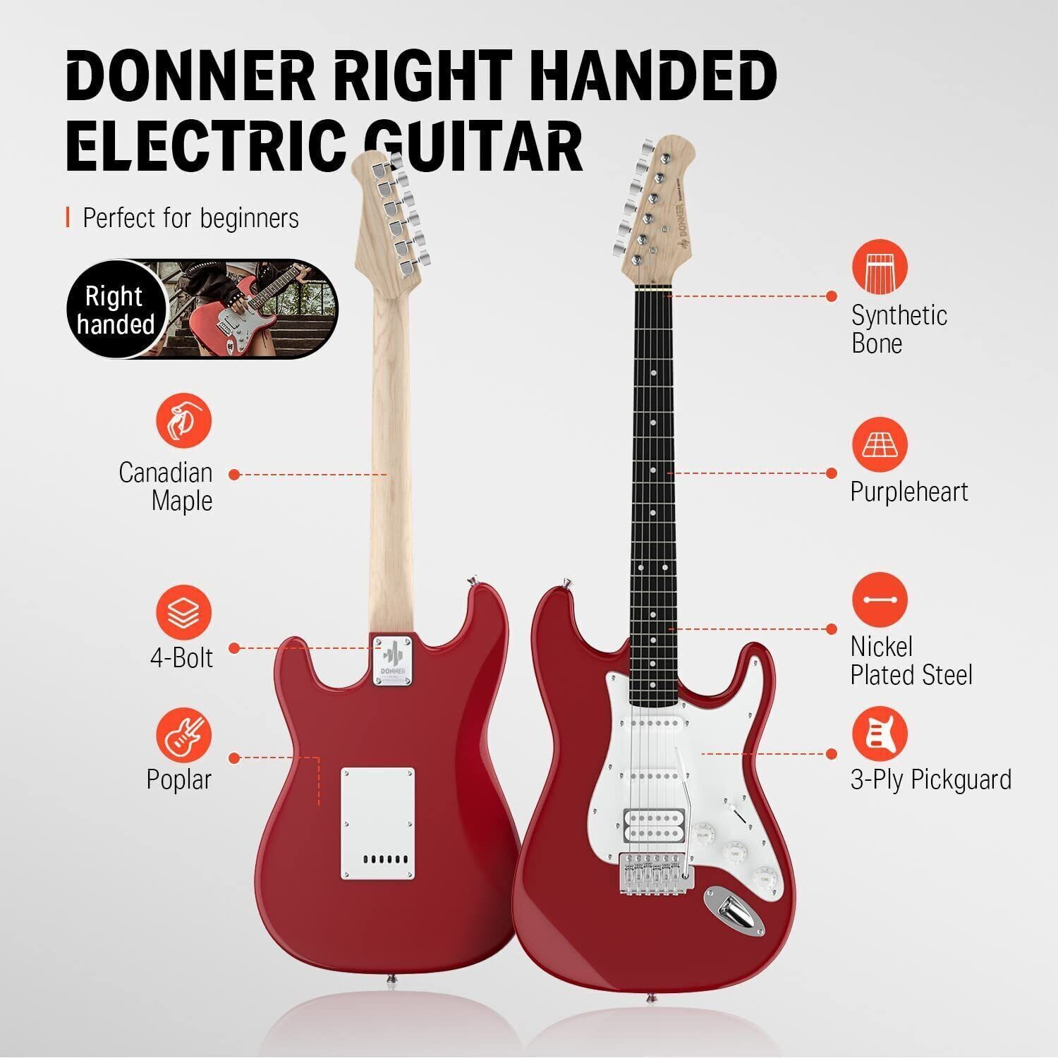 Donner 39" Electric Guitar Beginner Kit Solid Body Full Size Red HSS Pick Up for Starter, with Amplifier, Bag, Digital Tuner, Capo, Strap, String,Cable, Picks DST-102R - image 4 of 13
