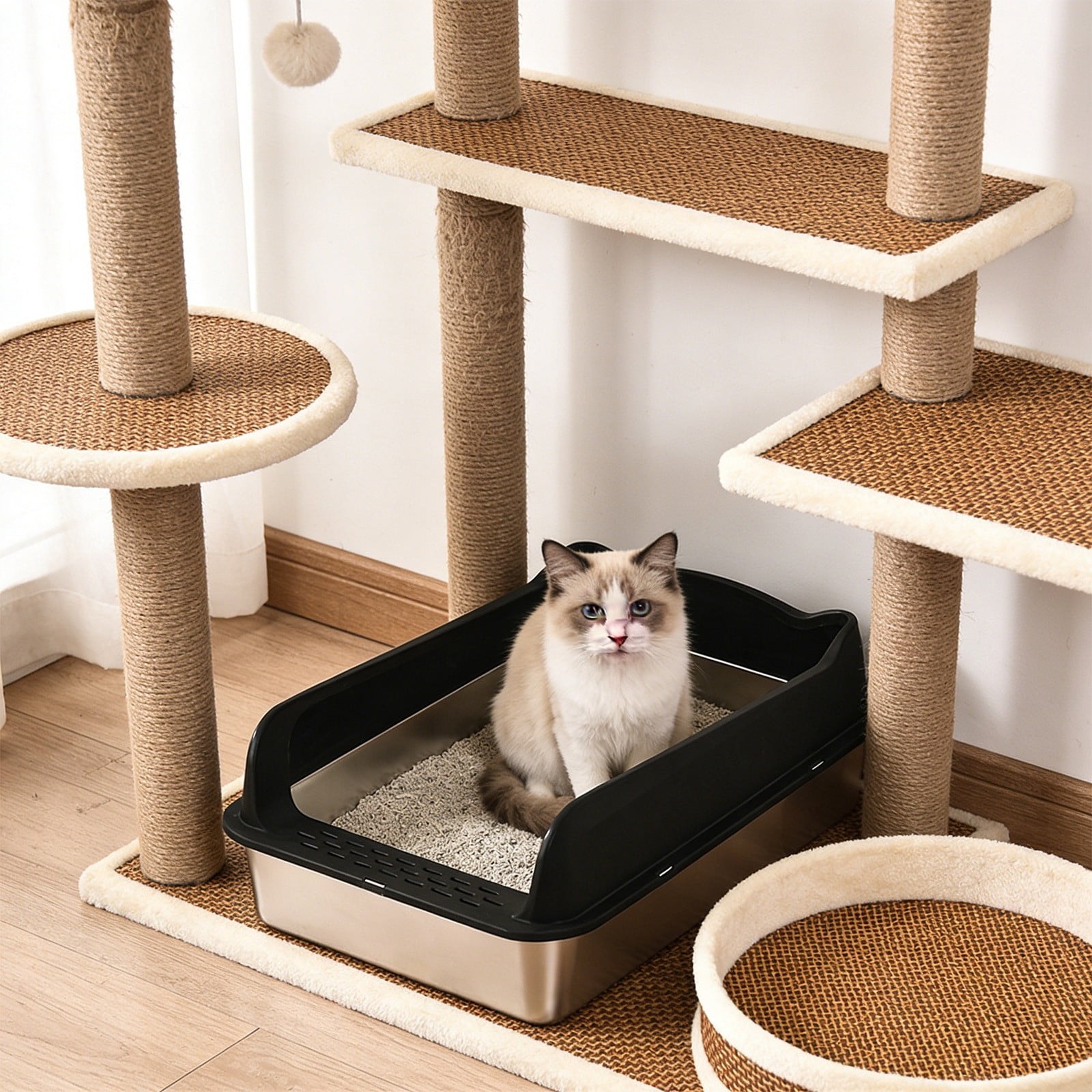 Stainless Steel Semi Enclosed Cats Litter Box High Wall Oppose Scatter Odor Control Kitty Litter Pan Non Slide Base Foolproof Clean Designs Black