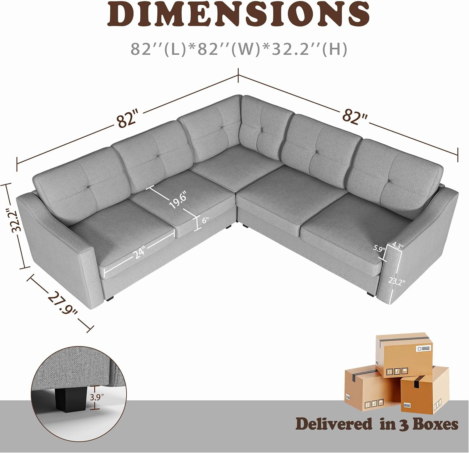 5 Seater Convertible Sectional Sofa, Linor L Shaped Sofa Couch for Living Room, Small Apartment, Reversible Sectional Couch, Light Grey