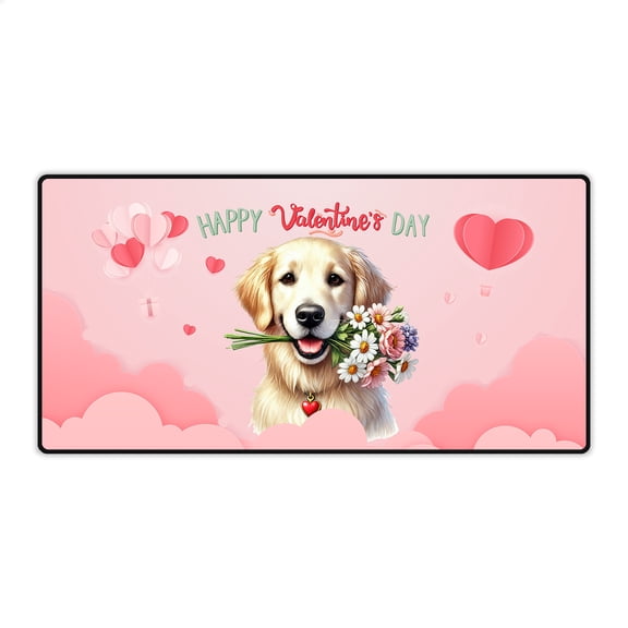 Happy Valentine's Day Golden Retriever holding flowers Desk Mat Full Keyboard Mouse Pad Goldens Dog Lover Gifts Idea Large Mousepad - 3005