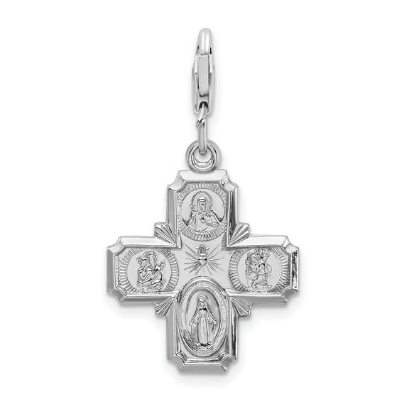 Sterling Silver Catholic Four-Way Cross Pendant Necklace with Sacred Heart, St Christopher, St Joseph, Miraculous Medal, Religious Symbol for Men and Women, Christian Faith Jewelry