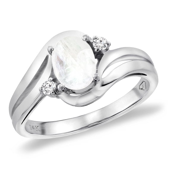 14K White Gold Diamond Natural Rainbow Moonstone Bypass Engagement Ring Oval 8x6 mm, size 6.5