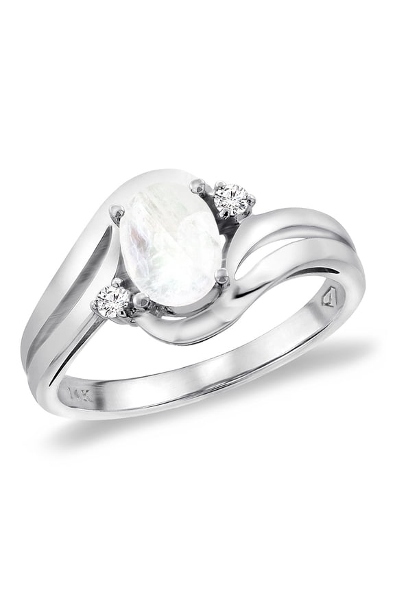 14K White Gold Diamond Natural Rainbow Moonstone Bypass Engagement Ring Oval 8x6 mm, size 6.5