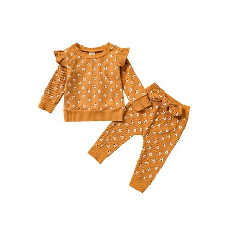 

Franhais 2Pcs Children Autumn Tracksuit Floral Ruffled Long Sleeves Pullover + Bowknot Pants for Girls 6 Months to 4 Years