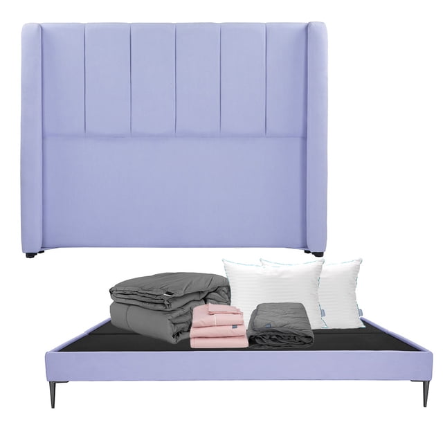 Box Base Cama Slim King Size+Cabecera Foss Lila+Almohada Royal Twin+Protector Lux+Sabanas Royal+Edredon Homy