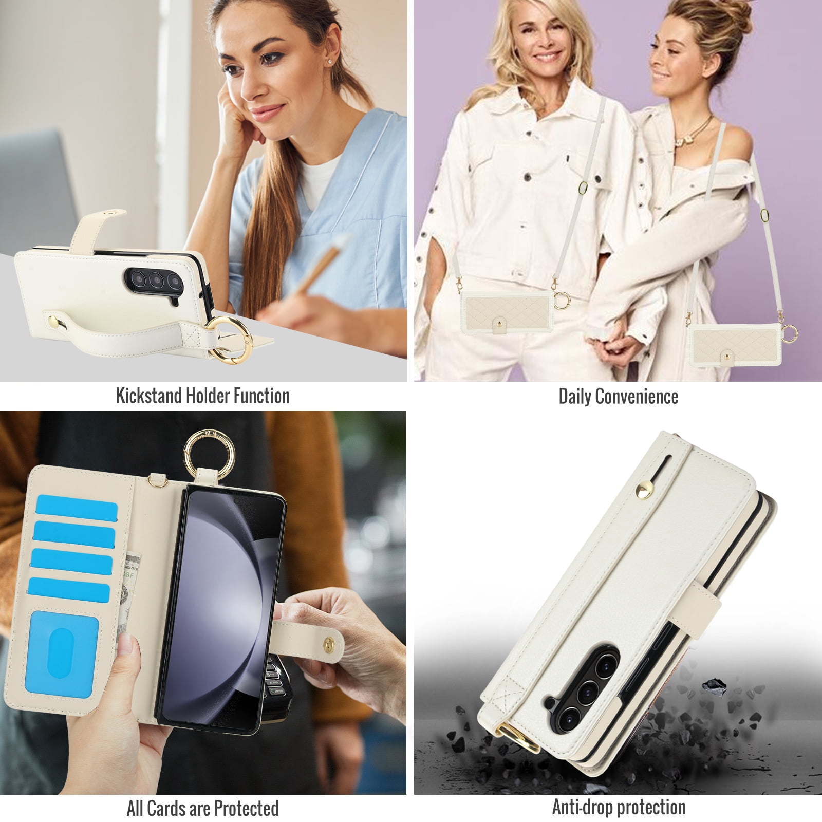 REQO Flip Phone Case for Samsung Galaxy Z Fold 6,Multifunctional Leather Wallet Cover with Wrist Strap Long Shoulder Strap RFID Blocking Case,White