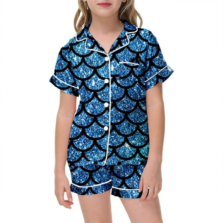 Hwmodou Kids Little Girls 2 Piece Summer Pajamas Sparkling Mermaiing Fish Scale Print Casual Short Sleeve Top And Shorts Pajama Set Sleepwear Beach Daily Pjs Size 6-7Y