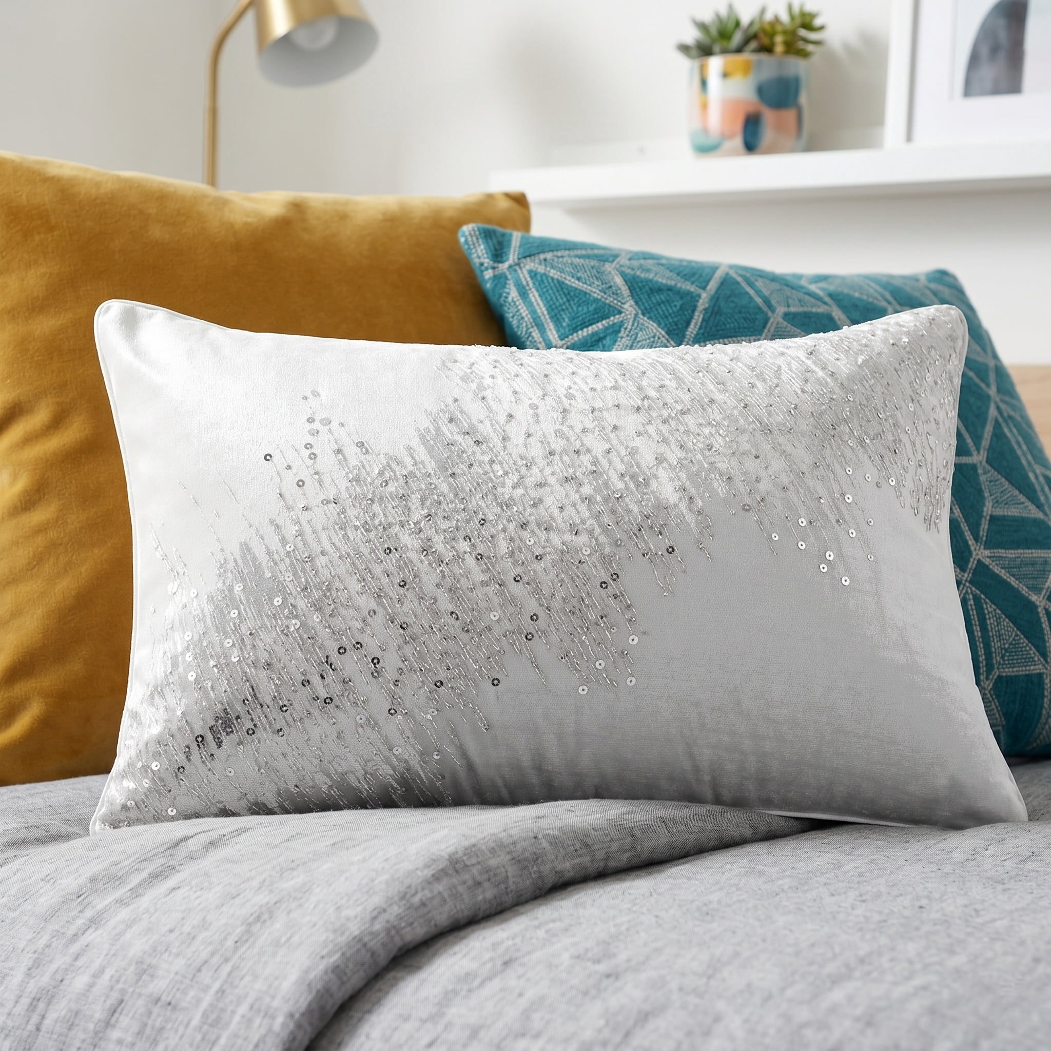Harlow Hill Demi 16" x 24" Ivory/Silver Abstract Polyester Adult Decorative Throw Pillow Cover