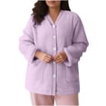thumbnail image 4 of Women Fuzzy Fleece Jacket Sherpa V-neck Button Down Long Sleeve Winter Coat Plush Warm Sleepwear with Pockets, 4 of 8