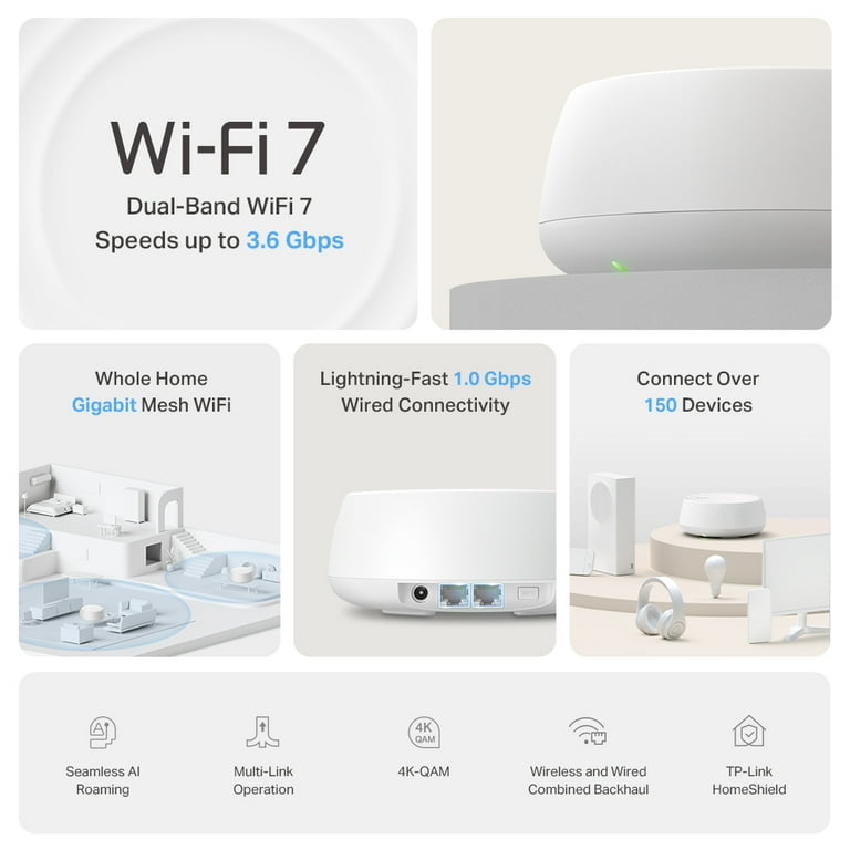 TP-Link BE3600 Wi-Fi 7 Dual-Band, Next-Generation AI-Driven Home Mesh Router System, Replaces Individual Routers and Extenders, Indoor coverage up to TP-Link BE3600 Wi-Fi 7 Dual-Band, Next-Generation AI-Driven Home Mesh Router System, Replaces Individual Routers and Extenders, Indoor coverage up to