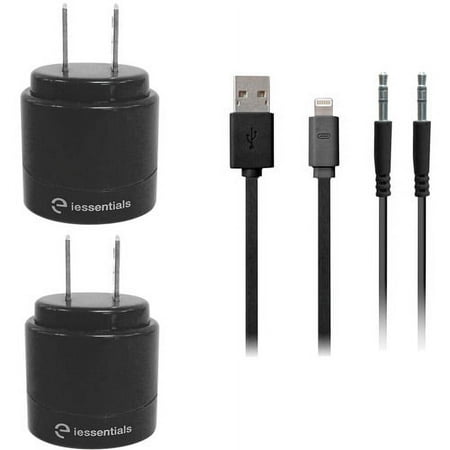 iEssentials 2.1A Dual USB Home Charger, Flat Lightning Cable and 3.5mm Flat AUX Cable, 3.3', Black