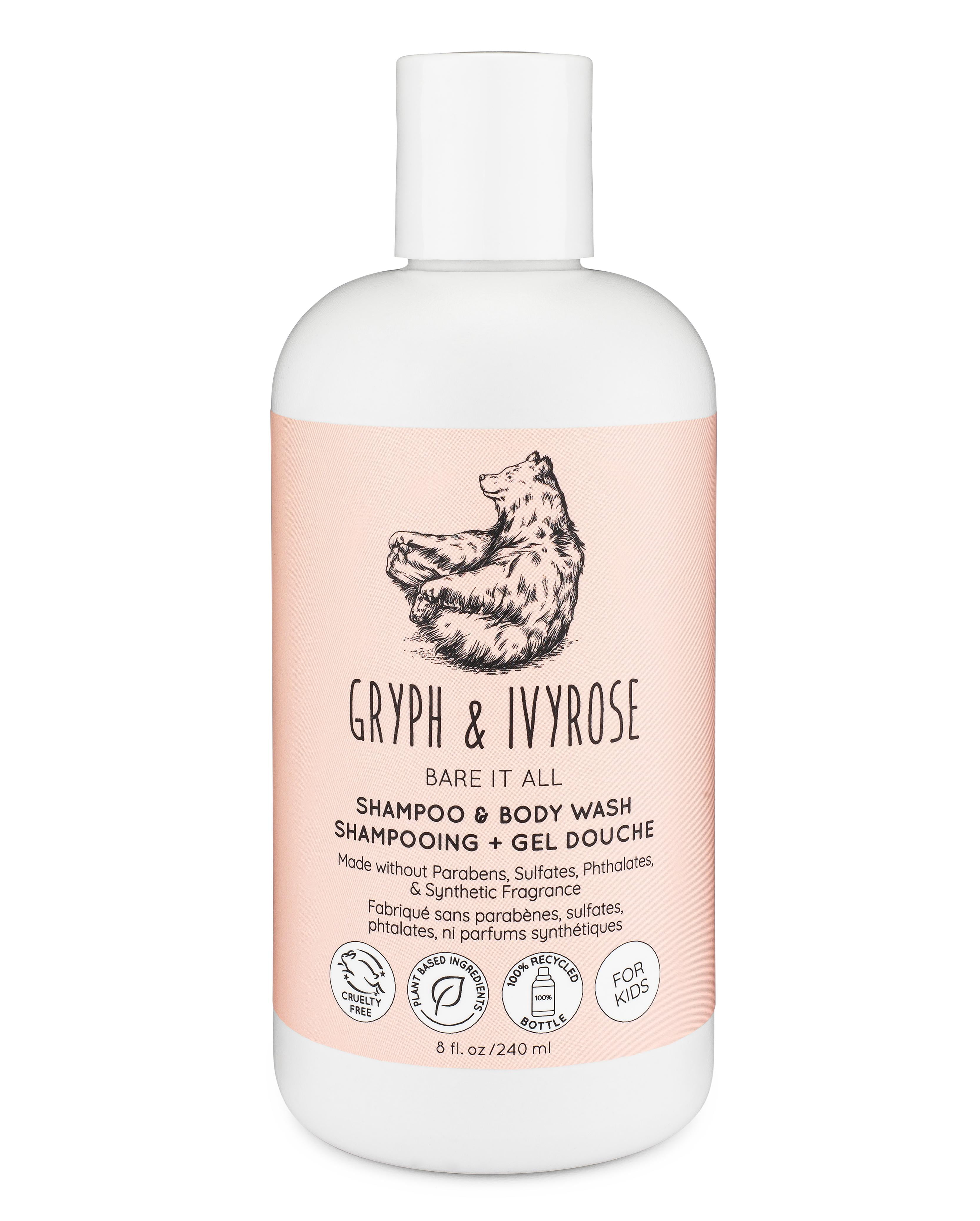 Gryph & IvyRose 2-in-1 Shampoo & Body Wash for Kids and Sensitive Skin - Bare It All - All Natural, Sustainable, Cruelty Free, Made with Non Synthetic Coconut Shea Fragrance. 8 Fl Oz.