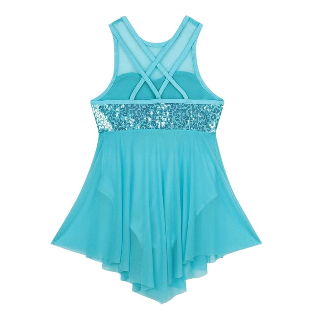 Mufeng Robe Sans Manches à Sequins Croisés pour Filles, Justaucorps de Ballet Lyrique, Robe de Danse Moderne, Bleu Clair 8