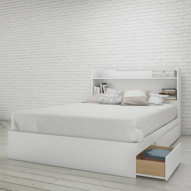 Nexera Aura Storage Bed With Headboard, White Full Storage Bed With Headboard