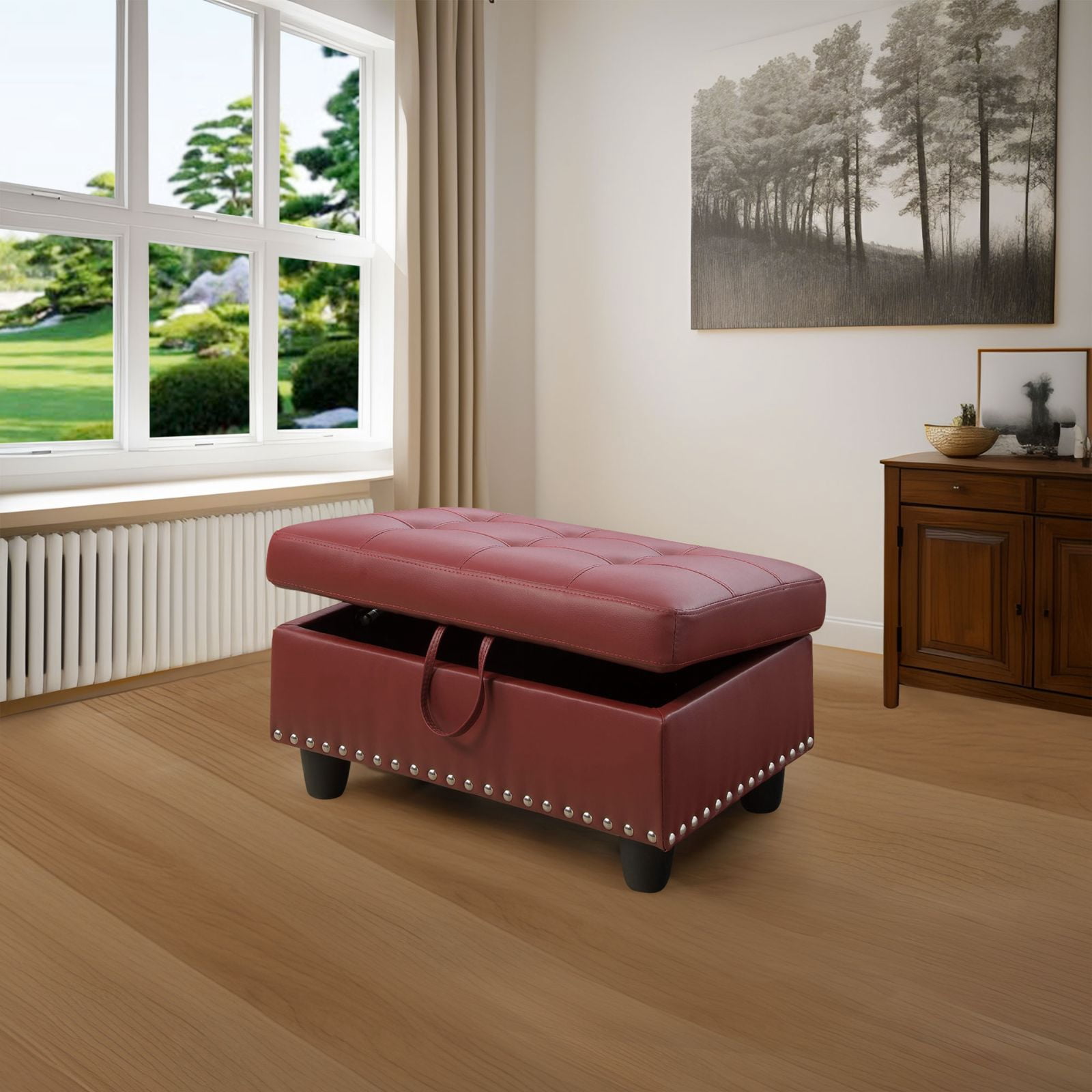 Faux Leather Storage Ottoman Bench, Square Ottoman with Nailhead Trim, Footrest Stool Bench Coffee Table for Living Room,Entryway, Red