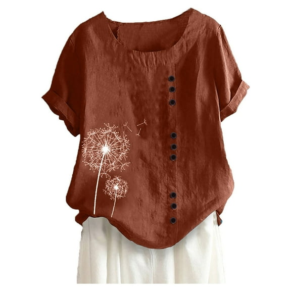 Pimelu Tops for Women 2024 Shirts for Women Summer Tops for Women Fashion Dandelion Print Button up Plus Size Tshirts Ladies Girls Short Sleeve Cotton Linen Blouses