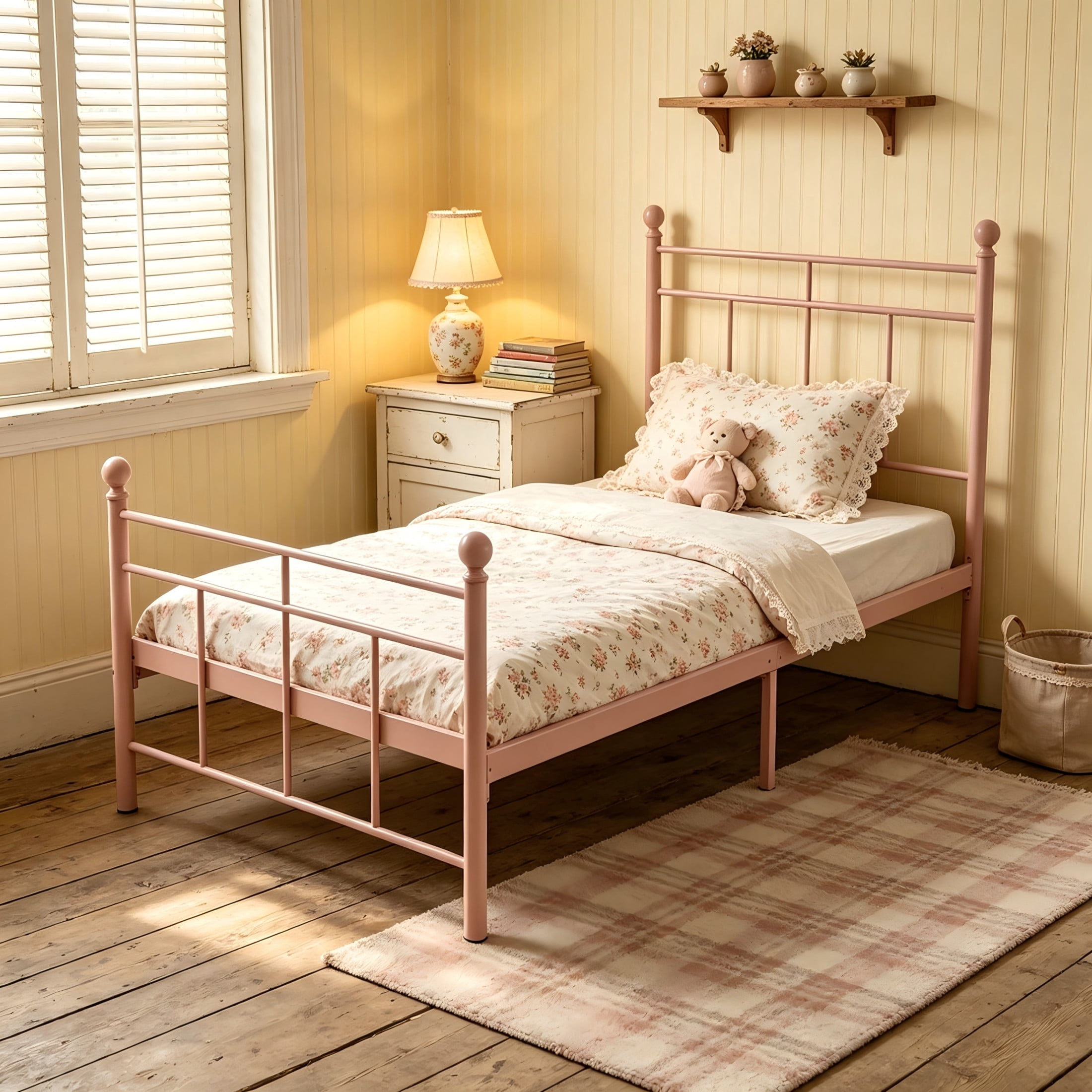 GDF Studio 78.5" Twin Heavy-Duty Metal Platform Bed with Sturdy Support Slats, Pink