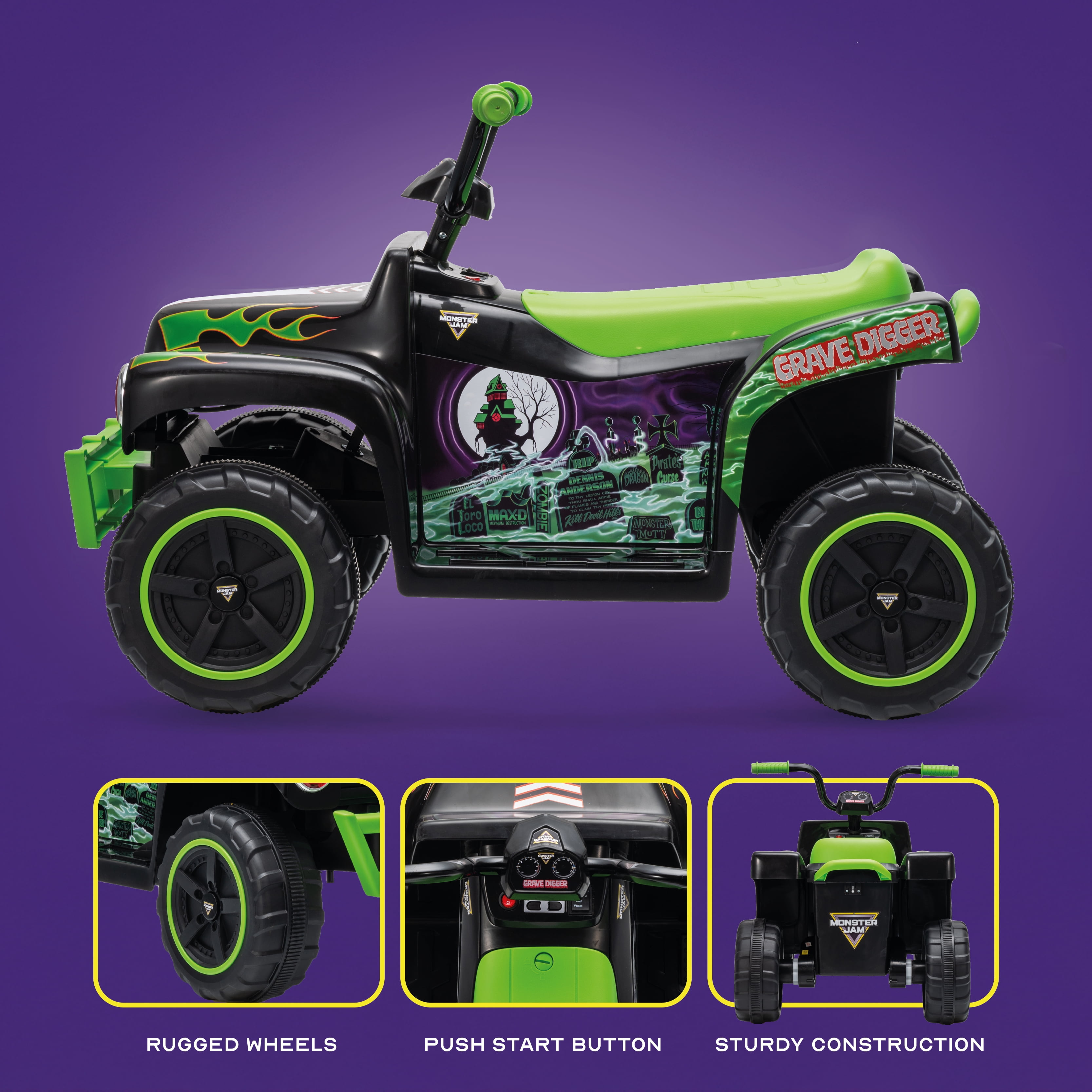 Monster Jam 12V Grave Digger Kids 1 Seat Ride-On ATV with 3.5 MPH Top Speed, Forward/Reverse Controls and Rechargeable Battery