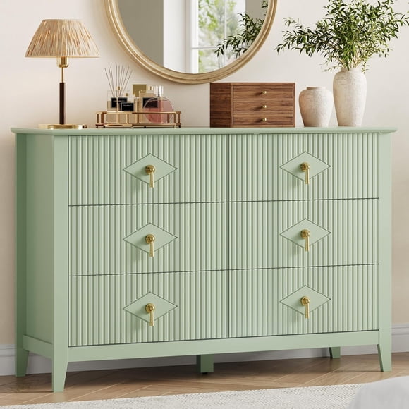 Commode Cannelée à 6 Tiroirs pour Chambre, Commode Moderne de 47,2 Pouces de Large avec Poignée en Métal, Organisateur en Bois pour Chambre, Salon, Couloir, Entrée, Vert Pâle