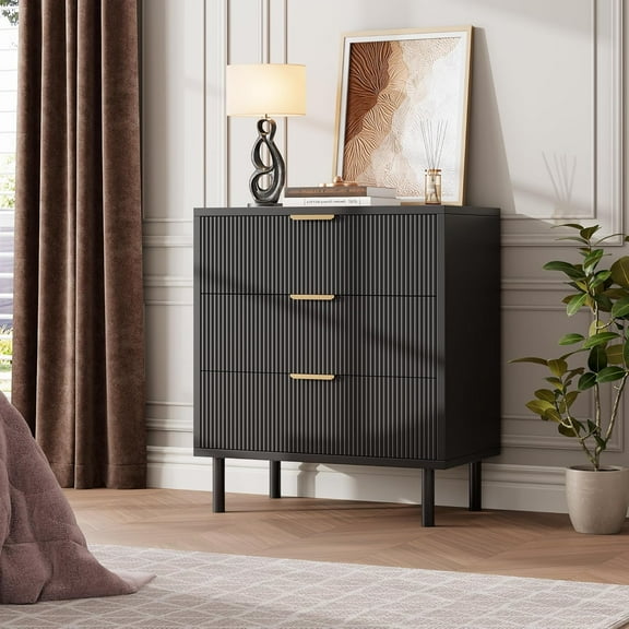 Twister.CK 3 Drawer Dresser, 28'' Wide Chest of Drawers with Anti-Tipping Device, Wood Nightstand for Bedroom, Hallway, Entryway, Small Spaces, Black