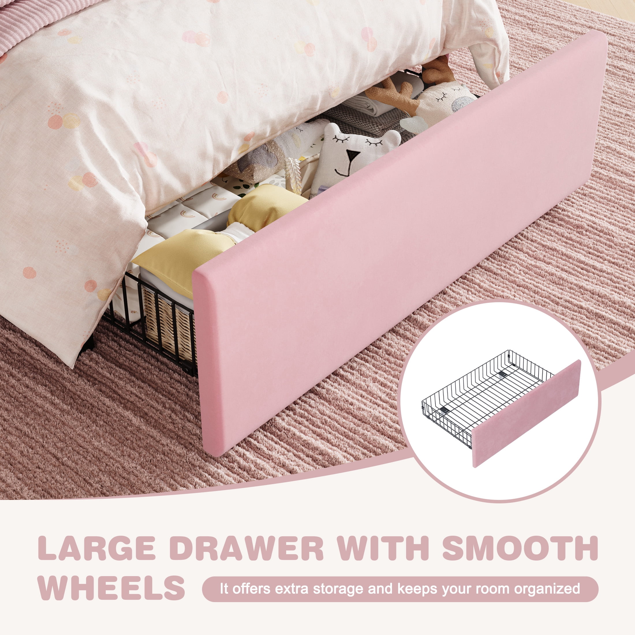 Amolife Twin Size LED Bed Frame with Drawer, Platform Bed with Velvet Upholstered Adjustable Wavy Headboard, Pink