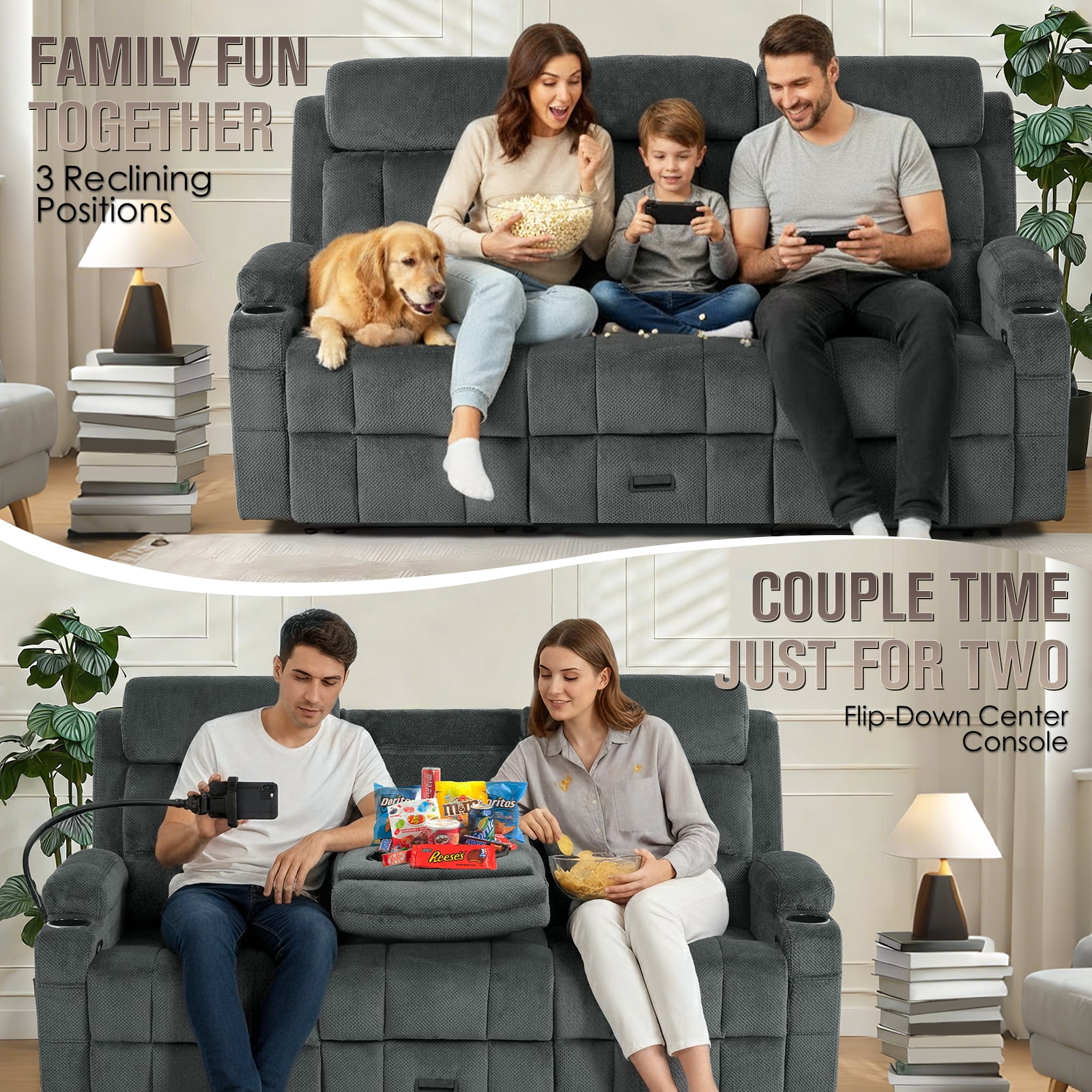 3-Seat Reclining Sofa with Flip Middle Backrest, Manual Loveseat Recliner with Storage Drawer, USB & Type-C Ports, Cup Holders & Phone Holders, Gray