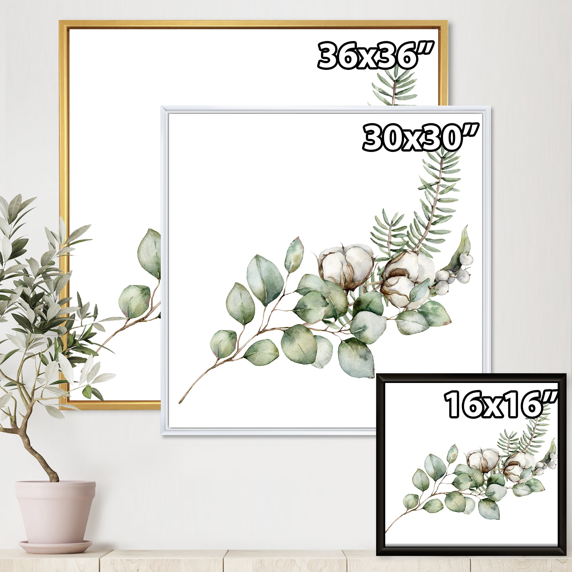 Eucalyptus Branches With Christmas Bouquet 16 in x 16 in Framed Painting Canvas Art Print, by Designart