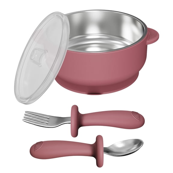 Baby Feeding Dinnerware Set, Suction Anti-drop,Suitable for Infants Toddlers, Have 5 Pieces Red Stainless Steel Bowl With Silicone Fork Spoon Lid