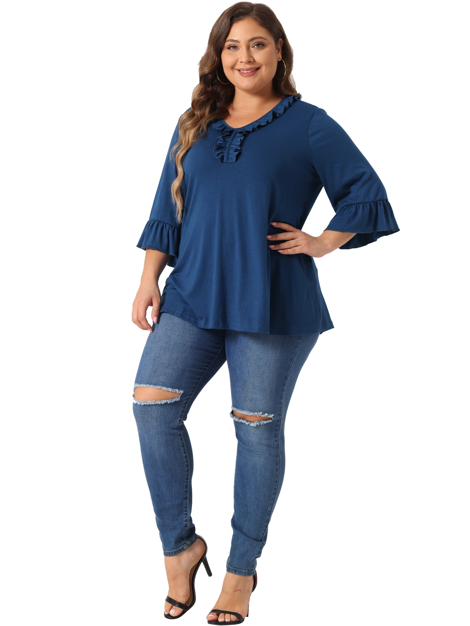 DARING DIVA Women's Plus Ruffle V Neck Tunic Dressy Top 4X Blue