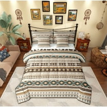 Manfei Vintage Boho 7pcs Bedding Comforter Set,Bohemian Geometric Queen Bedding Sets,Brown Beige Queen Sheet Sets For Adult,Breathable Home Decor Reversible
