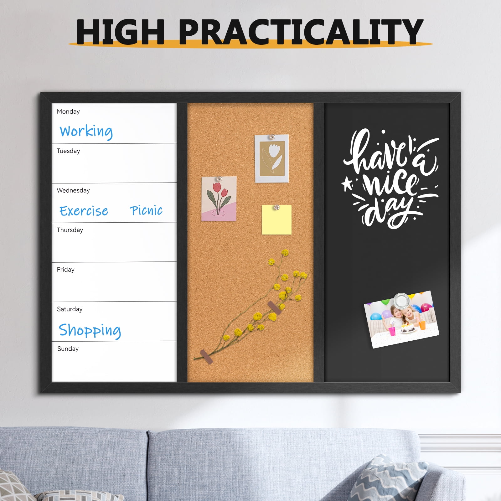 3 In 1 Magnetic Whiteboard Corkboard Chalkboard Combo Wall Board Combination Board Cork/Whiteboard/Chalkboard Combo Bulletin Dry Erase Calendar Whiteboard Weekly Message Organizer 20"x28", Black