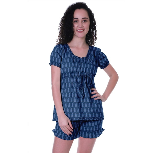 Moomaya Pyjama en Coton pour Femmes, Ensemble de Nuit 2 Pcs avec Shorts, Ensembles de Pyjama avec Shorts