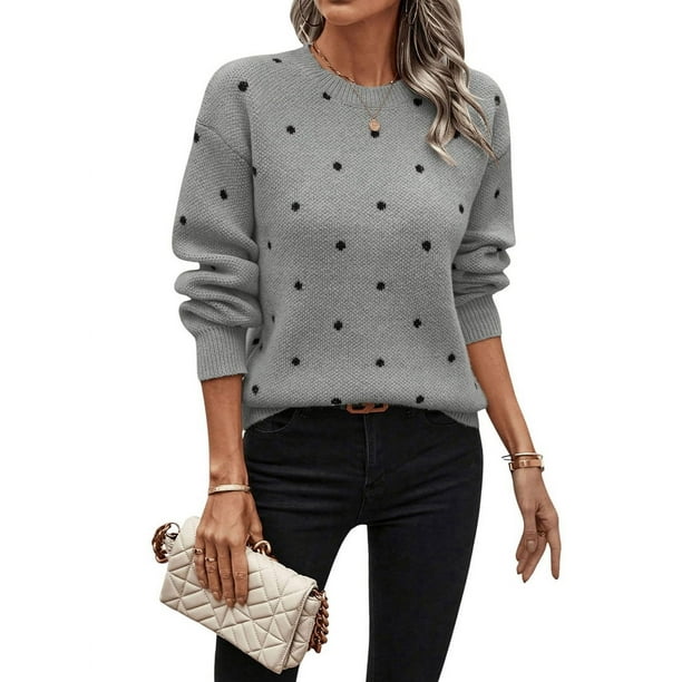 Suéteres de Lunares para Mujer, Jersey de Punto de Larga y Cuello Redondo. Gris S