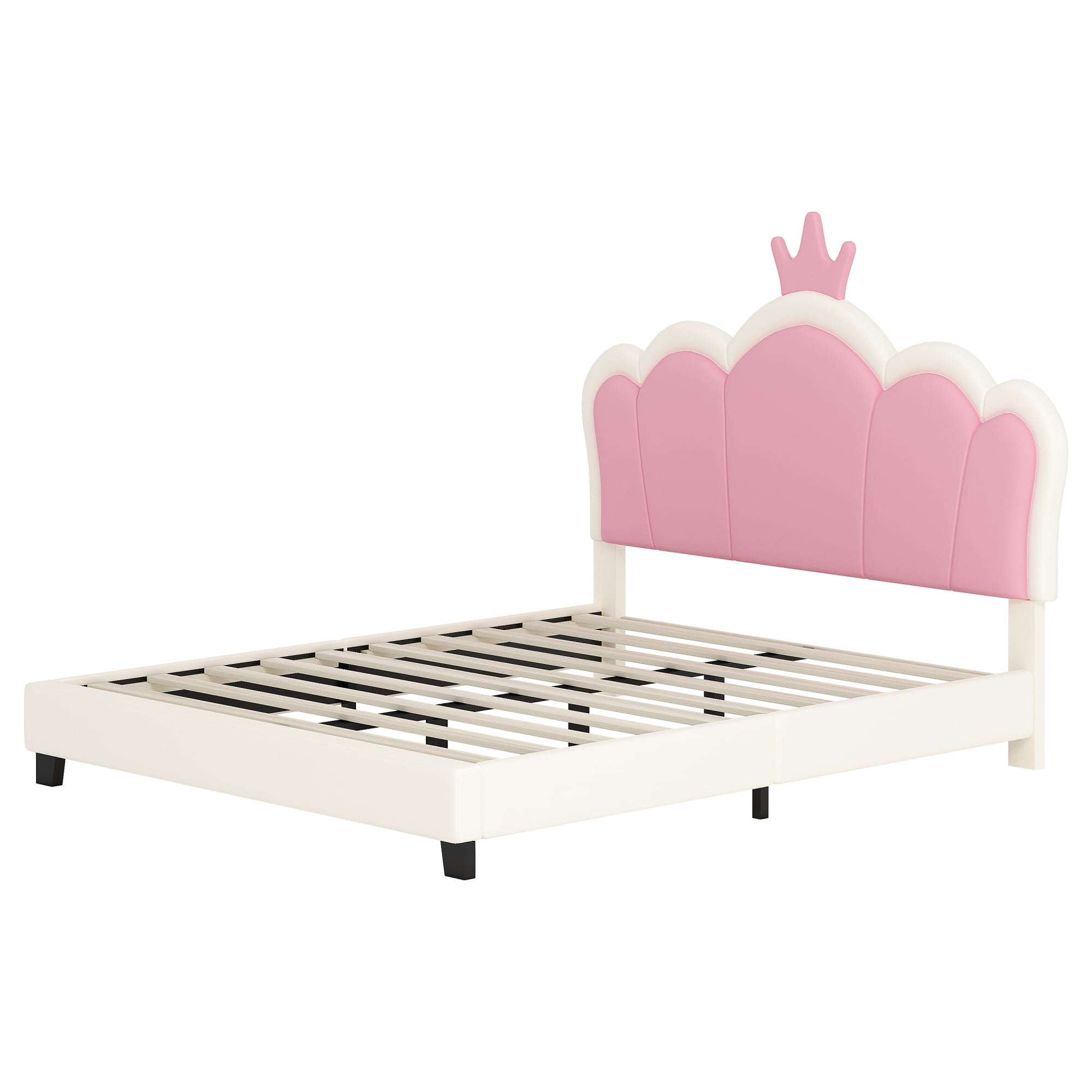Jopath Full Size Upholstered Bed, Princess Platform Bed with Headboard, Crown Headboard Design for Toddler Kids Teens Cream 1