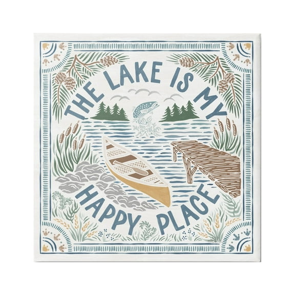 Stupell Industries My Happy Place Lake Phrase Nature Painting Gallery Wrapped Canvas Print Wall Art, 17 x 17