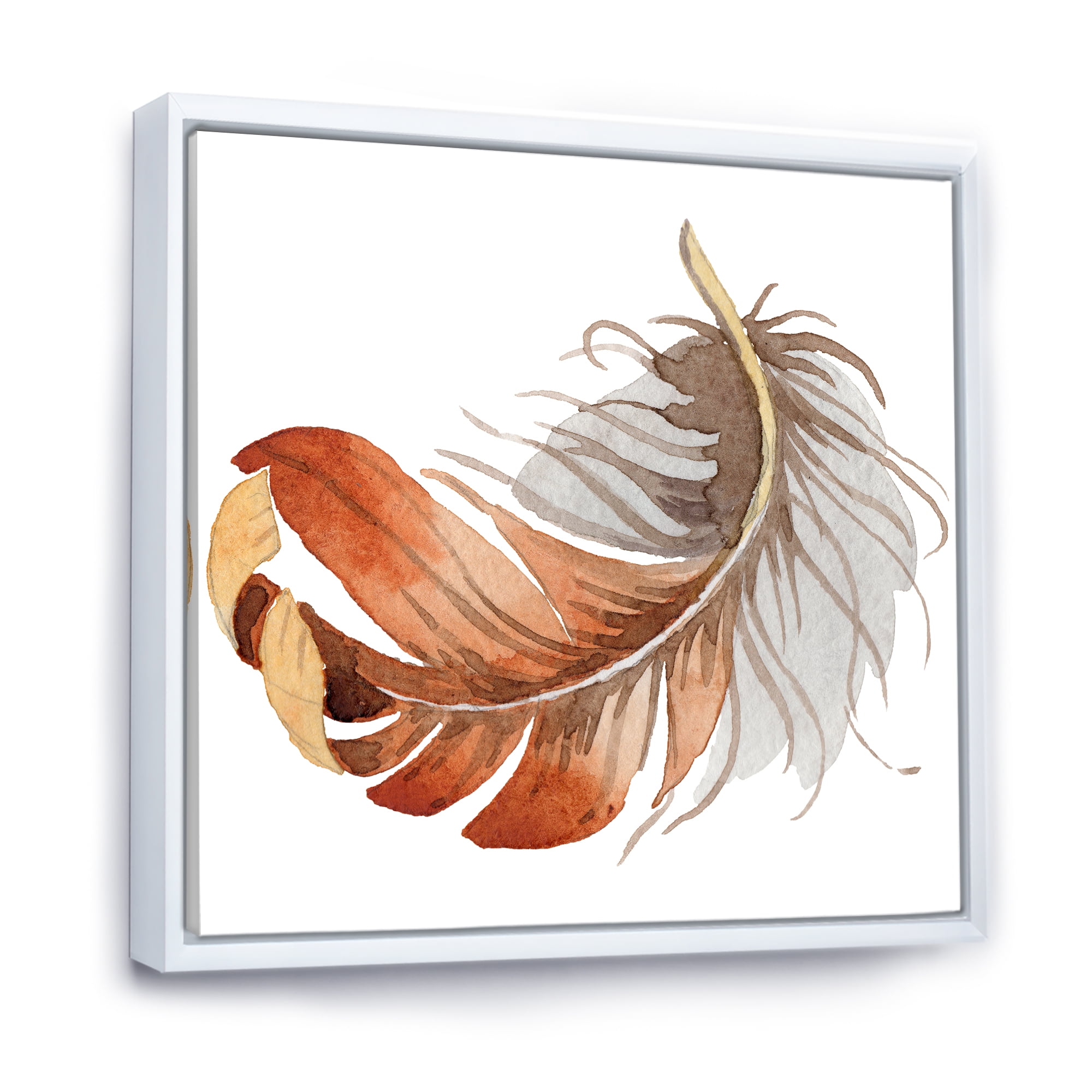 Designart 'Orange Ethnic Bird Feather On White' Bohemian & Eclectic Framed Canvas Wall Art Print
