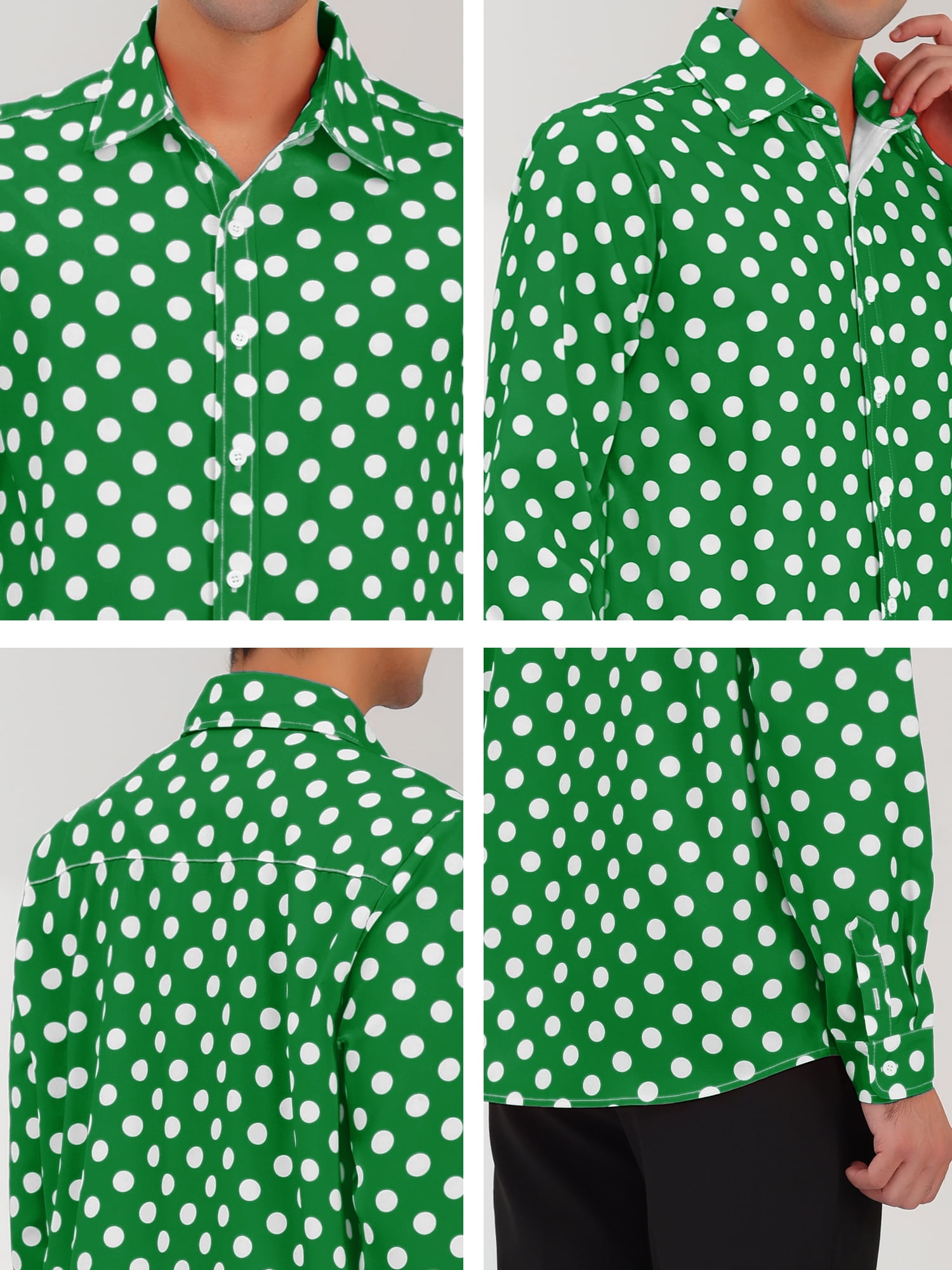 Unique Bargains Men's Long Sleeve Button Slim Polka Dots Shirt 46 Dark Green
