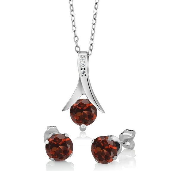 Gem Stone King 925 Sterling Silver Red Garnet Pendant and Earrings Jewelry Set for Women (2.25 Cttw, Gemstone Birthstone, 6MM Each Garnet, With 18 inch Silver Chain)