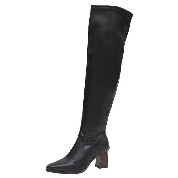 hopeusnice Women Knee High Stretch Boots With Square Toe Sole Chunky Heel Pull On Design For Fashion And Party Occasions Black 36