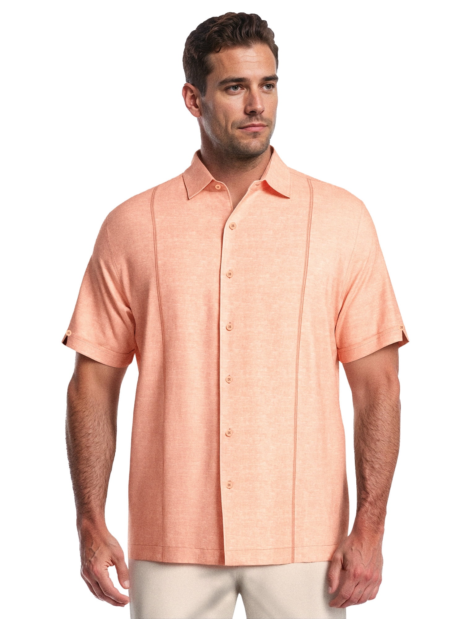 Cafe Luna Men's and Big Men's Short Sleeve Linen-Cotton Tuck Panel Woven Shirt, Sizes S-5XL
