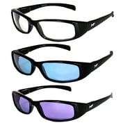 3 Pairs of MF Eyewear Bad Attitude Motorcycle Glasses Shatterproof Polycarbonate Black Frame UV400 Filter Scratch-Resistant Motorcycle Riding Glasses Clear Blue & Purple Lenses
