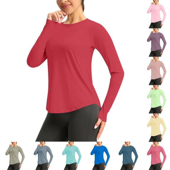 SROBPTY Womens Plus Size Top Solid Crew Neck Long Sleeve with Thumbhole Sun Protection Shirt