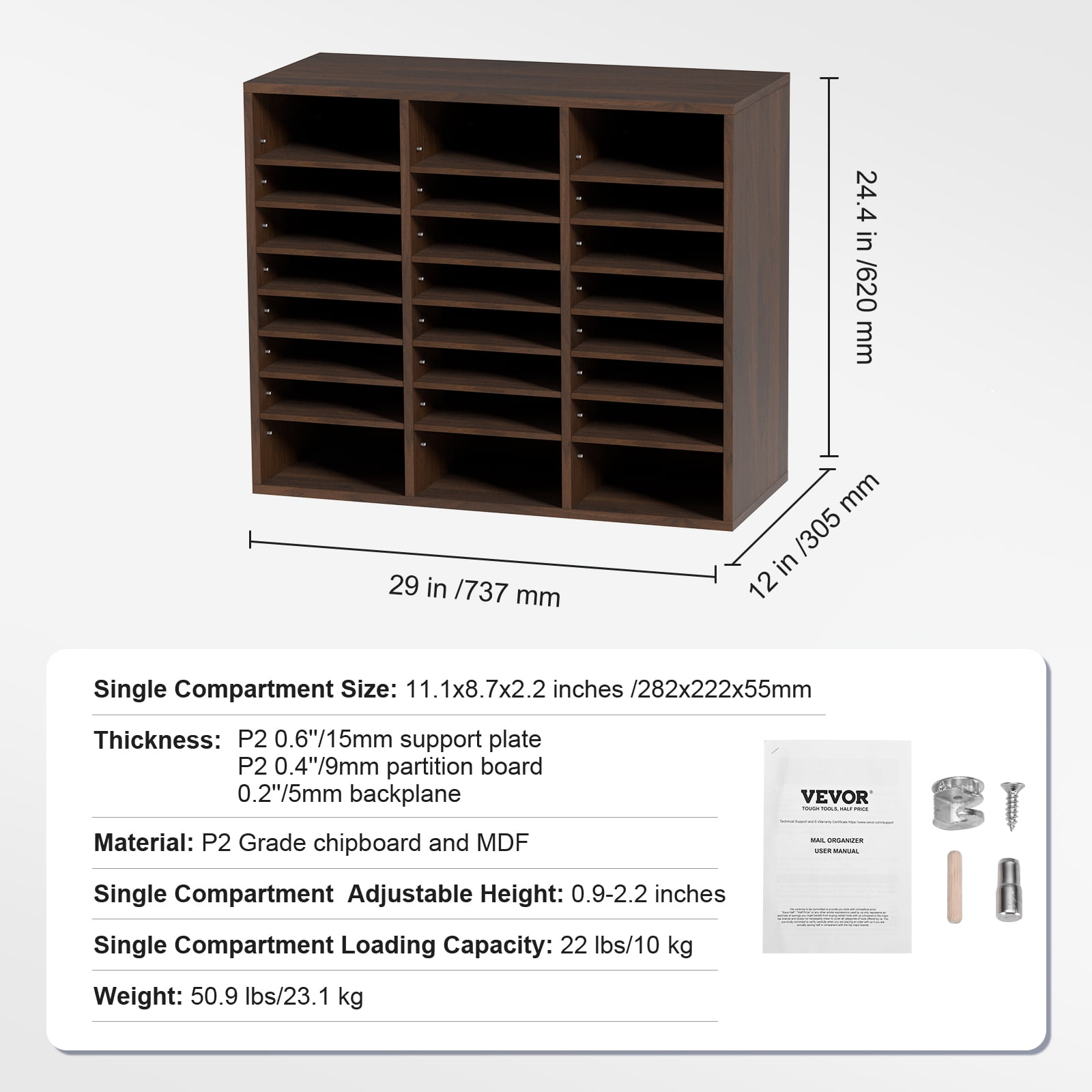 VEVOR Wood Literature Organizer Adjustable File Sorter 24 Compartments Countertop Literature Organizer Paper Storage Holder Brown