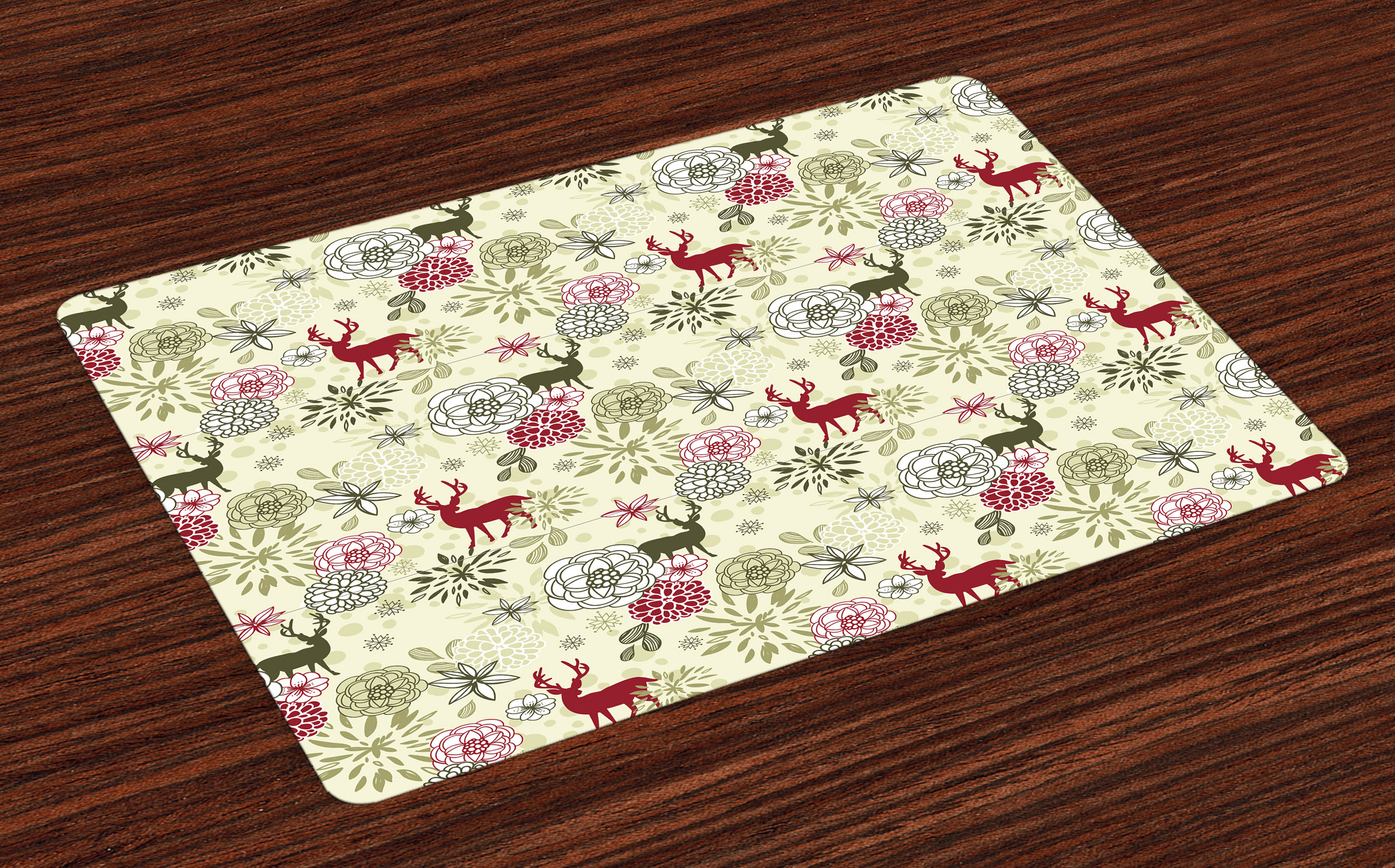Winter Placemats Set of 4 Deer Silhouettes with Blossoming Flowers