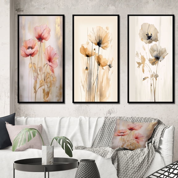 Designart "Vibrant Poppies in Coral Shades II" Floral Framed Wall Art Set Of 3 - Coral Floral Frame Canvas Set For Living Room Decor