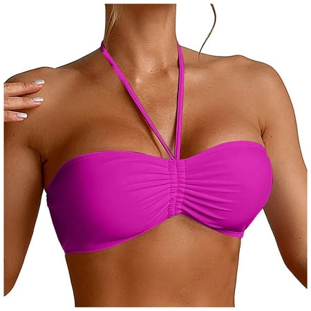 Hauetro Women Bandeau Halter Bikini Top Sexy Push up Swimsuit Bathing Suit Top Only(Red M)
