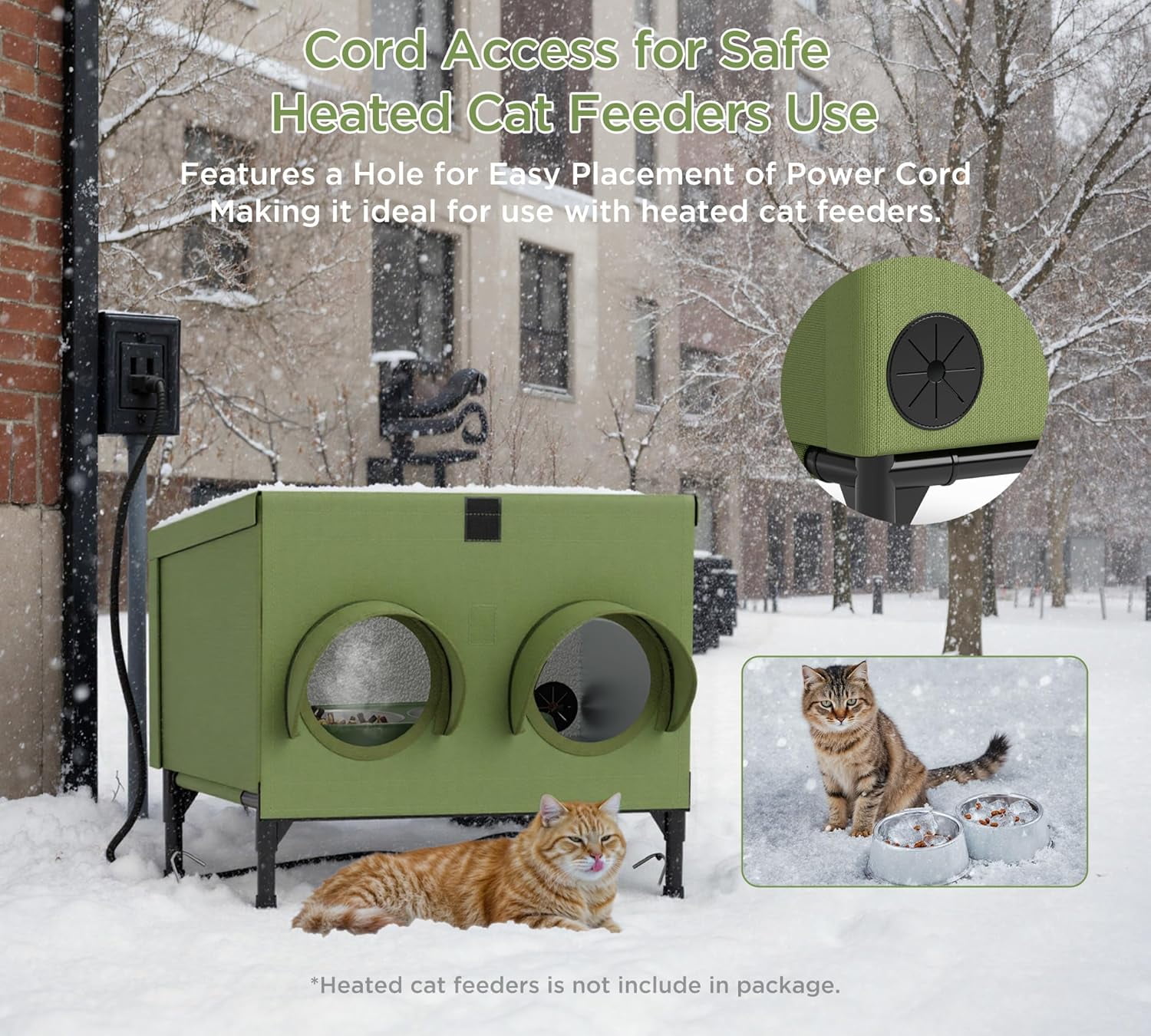 Outdoor Cat Feeding Station – Waterproof Dining Shelter for Feral & Community Cats, Insulated Roof & Walls, Dual-Feed Hole Design, Connects to Cat House – Green, 16"×12"×15.5"