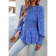 thumbnail image 3 of Round Neck Shirred Floral Print Peplum Long Blouse for Women Blue Small, 3 of 5
