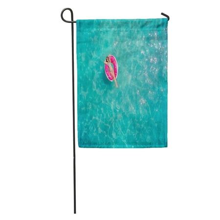 SIDONKU Aerial View of Young Brunette Woman Swimming Inflatable Big Donut Garden Flag Decorative Flag House Banner 12x18 inch